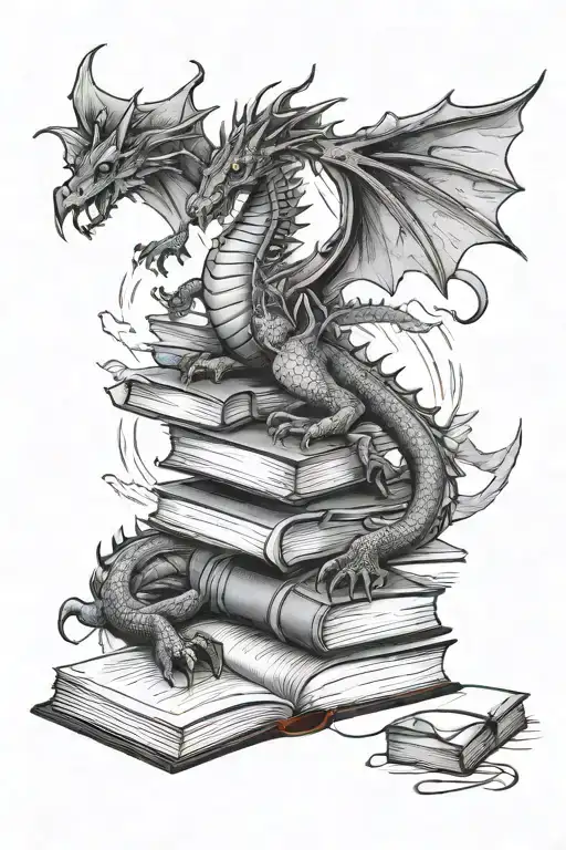 Stack Of Open Books Surrounded By Dragon Flying