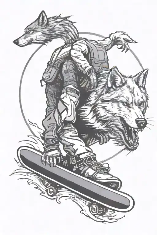 Top Side Snowboarder Man And Down Side Wolf At Mountain
