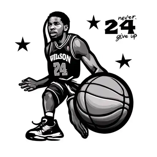 Black And Whitw Tatoo Number 24 With Wilson Basketball And The Word Never Give Up