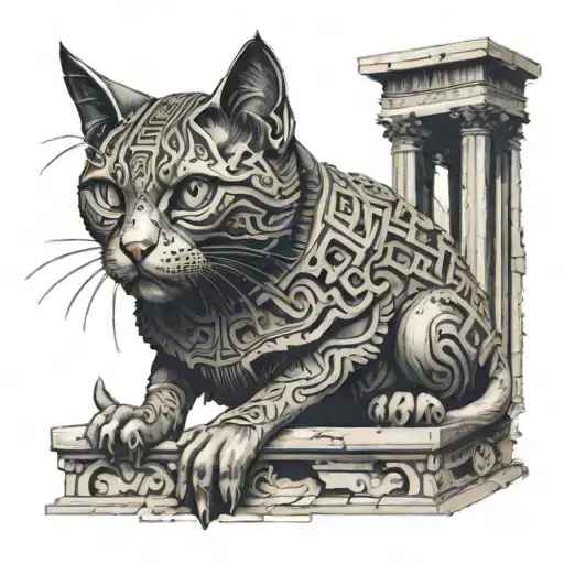 An Intricate Design Of A Cat Exploring Ancient Ruins With A Technological Twist