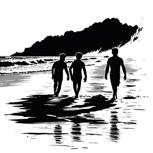 Dad And Two Sons Walking On The Beach
