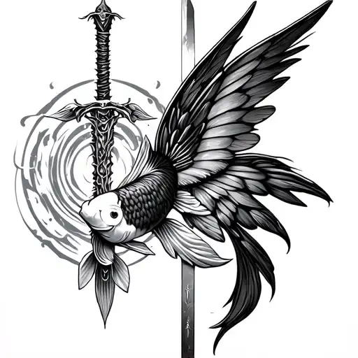 Fairy Wings Spinal With Dagger Down The Spine With Koi Circling The Tip Of The Dagger