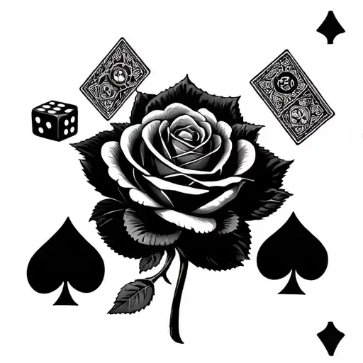 Playing Cards Forming The Shape Of A Rose With Dice And Cog Wheels Around It