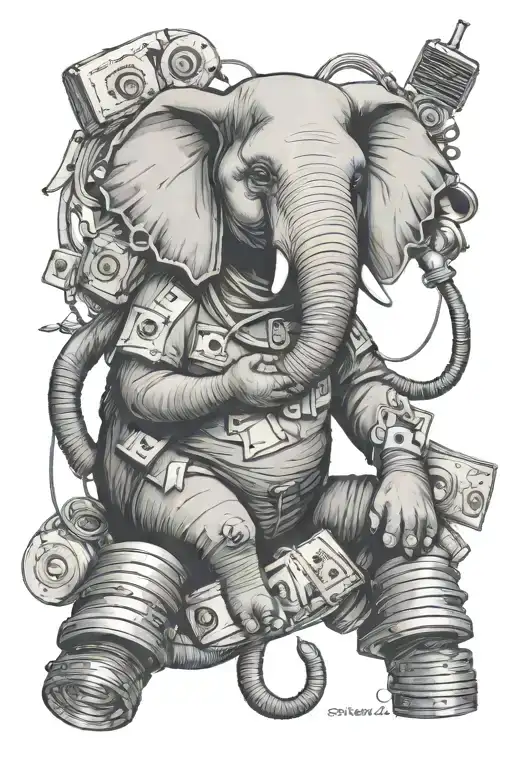 A Nurse Elephant Wearing Headphones And Surrounded By Floating Money And Musical Instruments