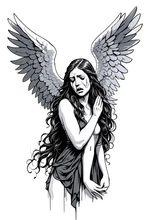 Female Angel Warrior Crying Surrendering Looking Up God And Holly Spirit Looking Down At Her