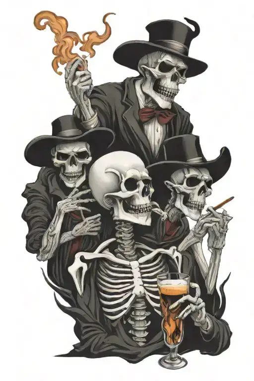 3 Devil Skeletons Drinking And Smoking