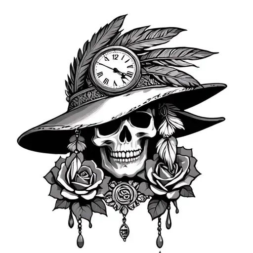 Rosary Beads With Skull Wearing Feather Indian Hat Melting Clock Roses To