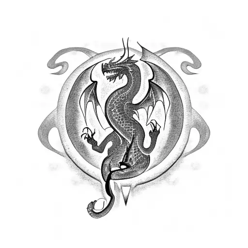 Blackout Silhouette Of A Celtic Dragon Surrounded By Mystical Symbols