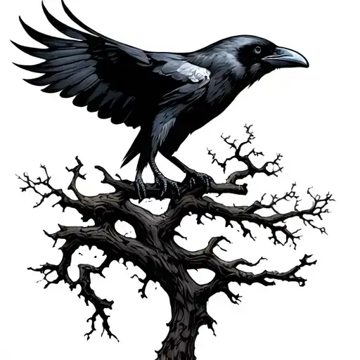 Raven Flying Towards A Tree Branch Around Have A Runes