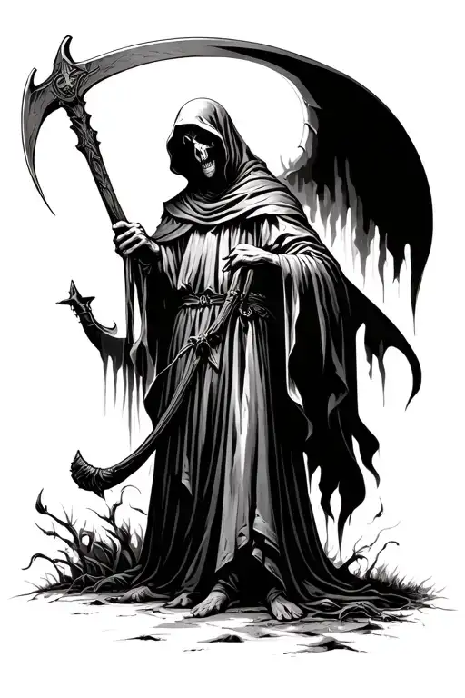 Full To Floor Evil Demonic Grim Reaper Holding A Scythe In An 1600S Religious Style