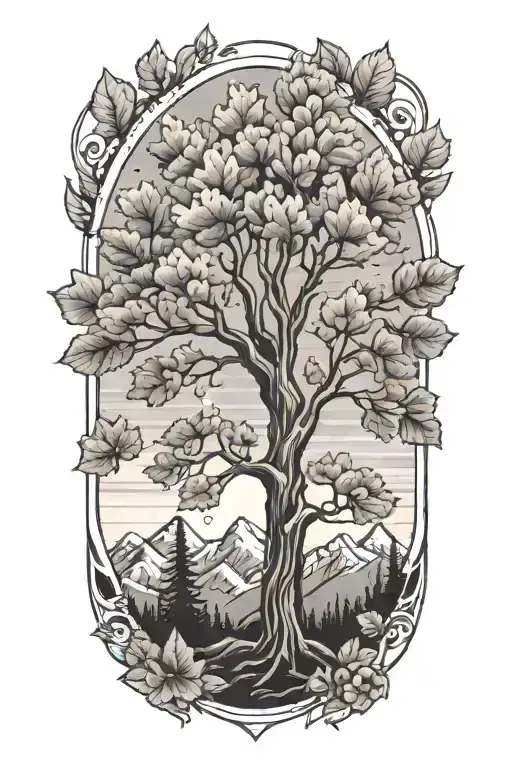 Tree With A Mountain Range In The Background With Fall Leaves And Sunshine