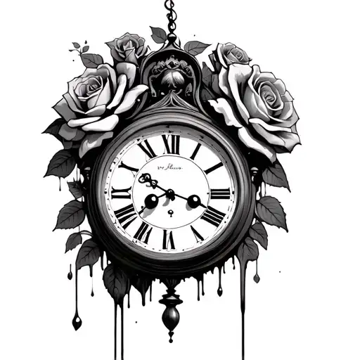 Melting Grandfather Clock With Face And Roses Growing Inside The Clock
