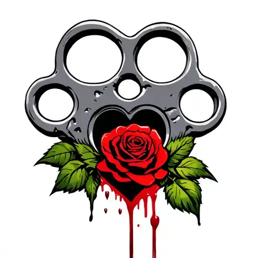 Purple Heart Shaped Brass Knuckles Slightly Bloody With A Red Rose Going Through A Knuckle Hole
