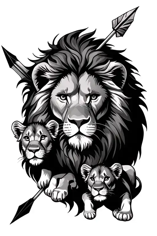 Lion Head With An Arrow And 2 Lion Cubs
