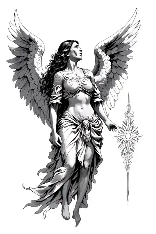 Female Angel Warrior Crying Surrendering Looking Up God And Holly Spirit Looking Down At Her