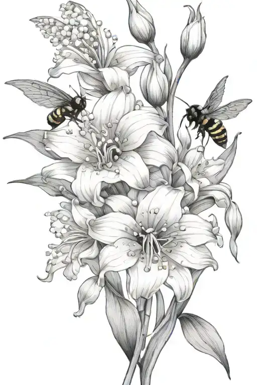 Lily Of The Valley Gladiolus Lotus Flowers Blooming With Bumblebee Flying Towards Living