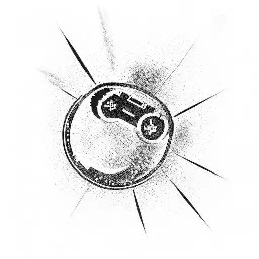 A Black And Grey Tattoo Of A Joystick With A Pixelated Explosion In The Background