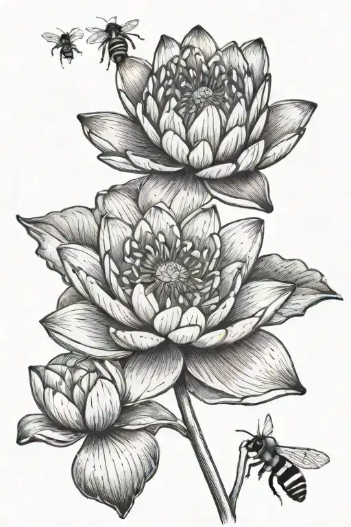 Water Lily Poppy Lotus Flower Blooming With A Bee Flying