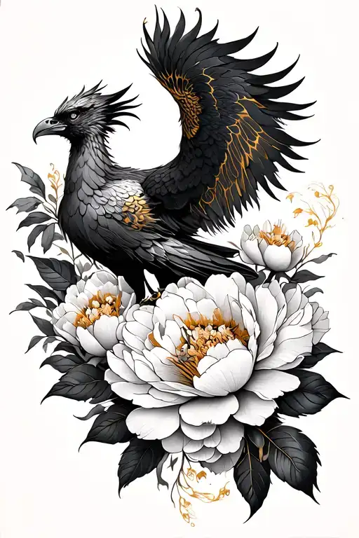Rising Phoenix With Peonies And Magnolia Flowers With Gold Veins