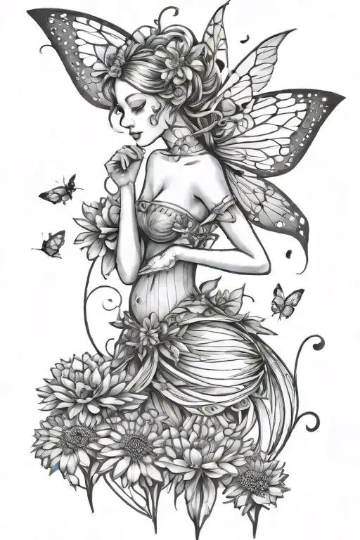 Whimsical Fairy With Wings Standing Near Dandelions