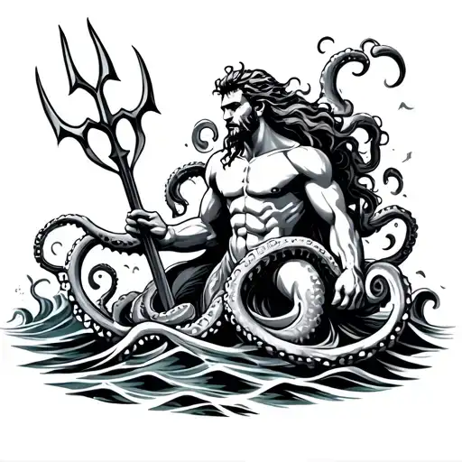 Poseidon With Trident And Octopus Legs On Waves A Little Bit Angry