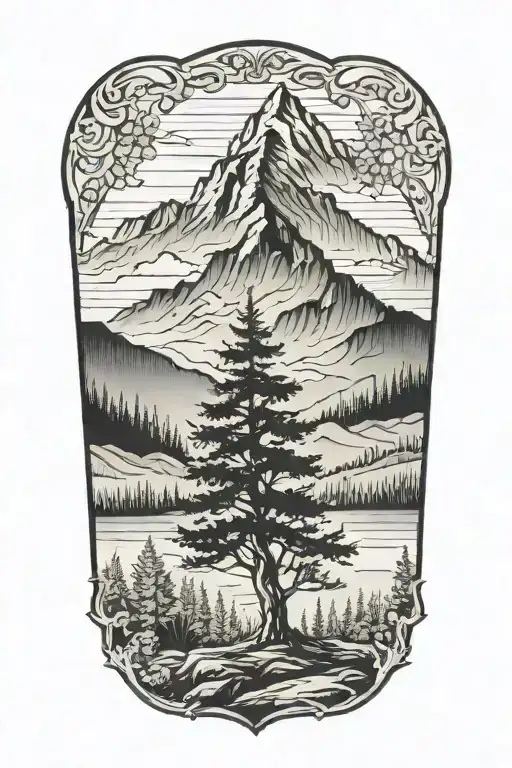 Tree With A Mountain Range In The Background With Fall Leaves