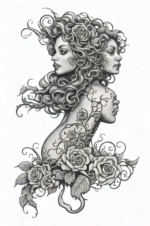 Curly Hair Woman Wrapped In Rose Vines And Thorns Intertwined