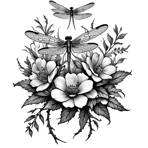 Dragonflies And Flowers With Thorns