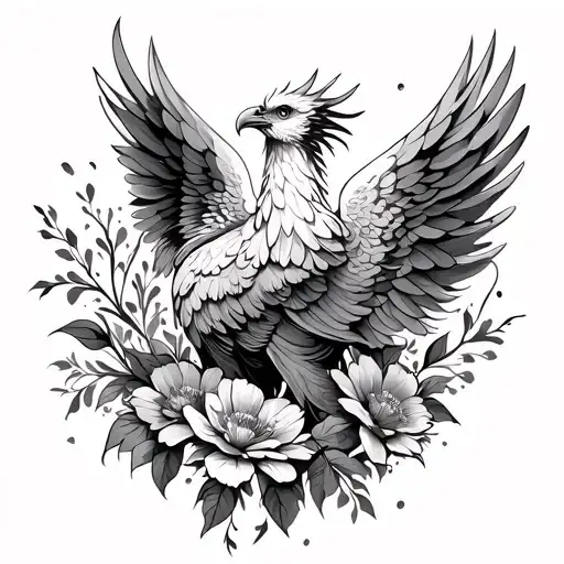 Phoenix With Open Wings And Flowers Blooming