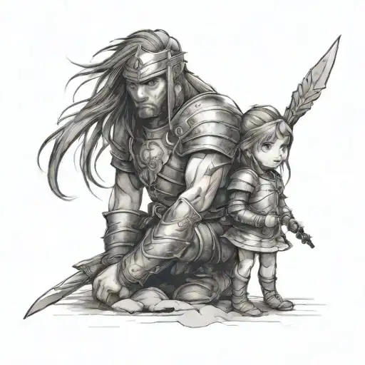A Little Girl And A Great Warrior By Her Side As A Protector