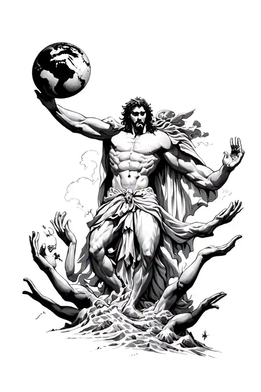 Titan Atlas Holding The World On His Shoulders With Hands Of Hades Reaching Up Through The Ground