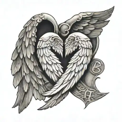 An Elegant Tattoo Of Angel Wings Embracing A Pair Of Initials Representing A Husband And Wife