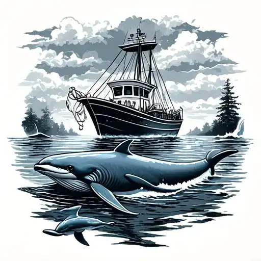 Boat On The Water With A Dolphin And A Blue Whale Swimming Underneath