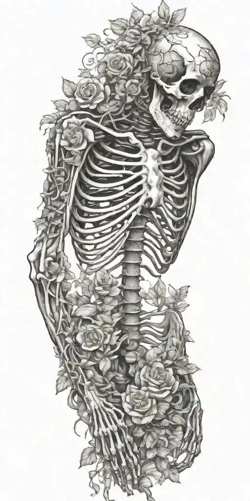 A Full Skeleton With Ribs Arms Legs Laying In A Rose Bed Wrapped In Vines And Flowers