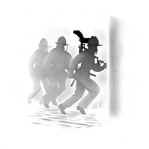 A Silhouette Of A Firefighter Running Towards A Burning Building
