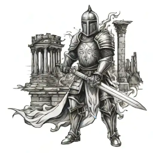 A Knight In Shining Armor Wielding A Flaming Sword Against A Backdrop Of Ancient Ruins