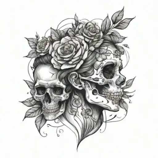 Skull Fragments Around Female Face With Flowers Surrounding