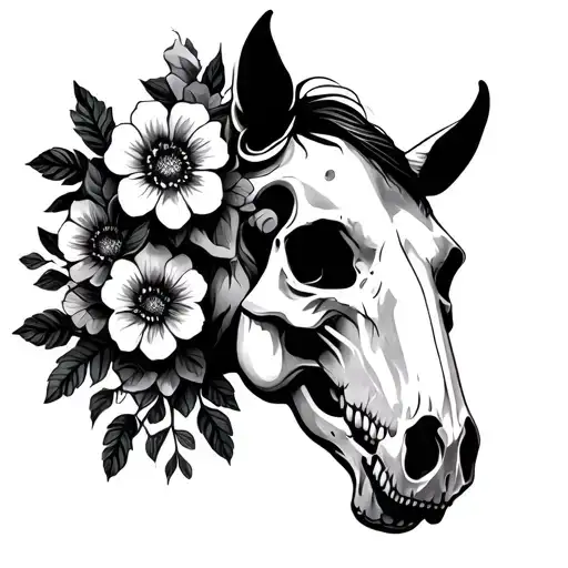 Horse Skull Half Dead Half Alive With Flowers