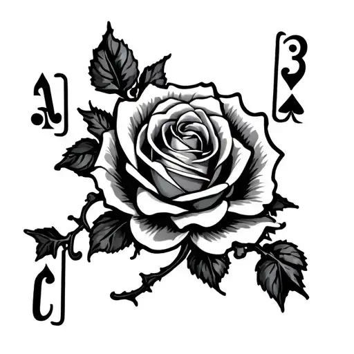 A Rose With Vines Coming Out Of It And Behind The Rose Is 3 Playing Cards An Ace A 2 And A 10