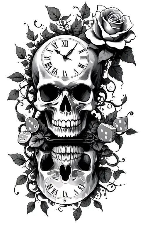 A Skull With A Rose And Vines Growing Out Of The Head And A Clock With Dice In The Reflection