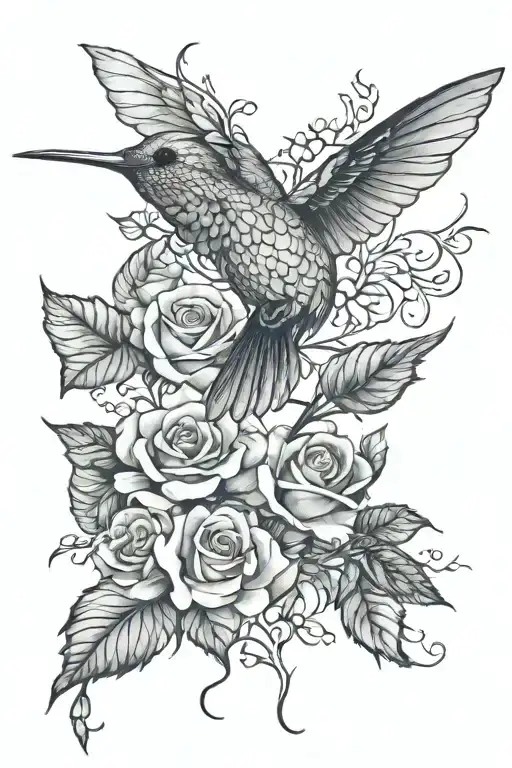 Roses With Ivy Small Hummingbird Watercolor Bird