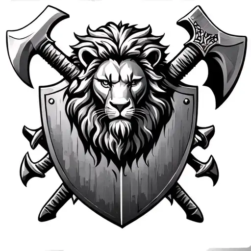 Lion On A Shield With Crossed Axe And Sword