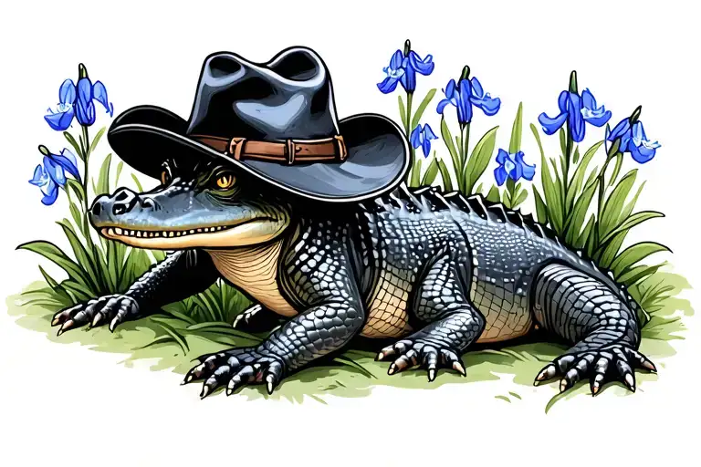 Baby Alligator Wearing A Cowboy Hat In A Patch Of Bluebell Flowers