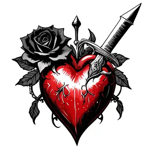 Traditional Sacred Heart With Dagger Piercing And Black Rose