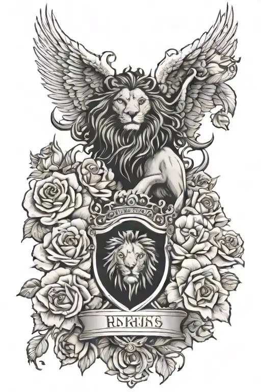 English Roberts Family Crest With Lion Head Above It With Clouds And Roses Sorrounding