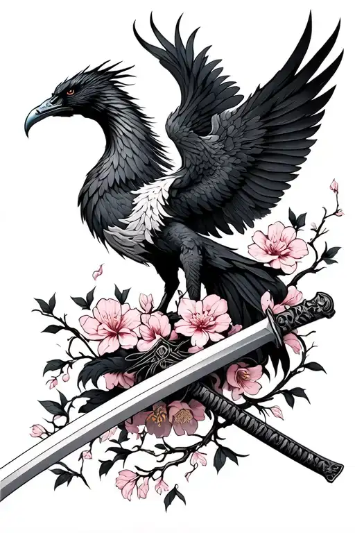 Phoenix And Katana Sword With Cherry Blossoms Wrapped