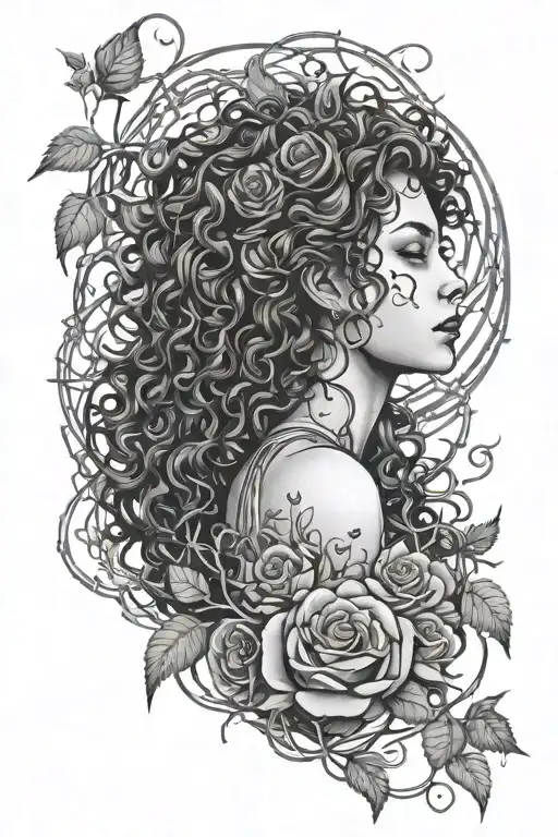Curly Haired Woman Wrapped In Rose Vines And Thorns Wrapped