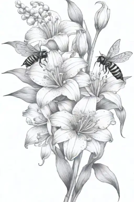 Lily Of The Valley Gladiolus Lotus Flowers Blooming With Bumblebee Flying Towards Living