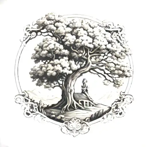 Oak Tree With A Family Under Praying With Mountains In The Background