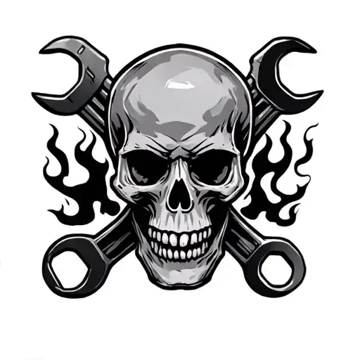 Skull And Wrenches With Flames Surrounding